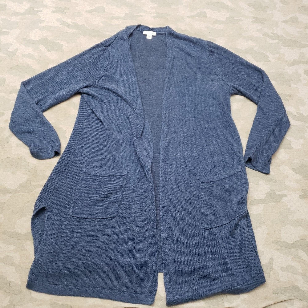 J. Jill Cardigan Womens Medium Blue Open‎ Front Linen Blend Pockets Classic